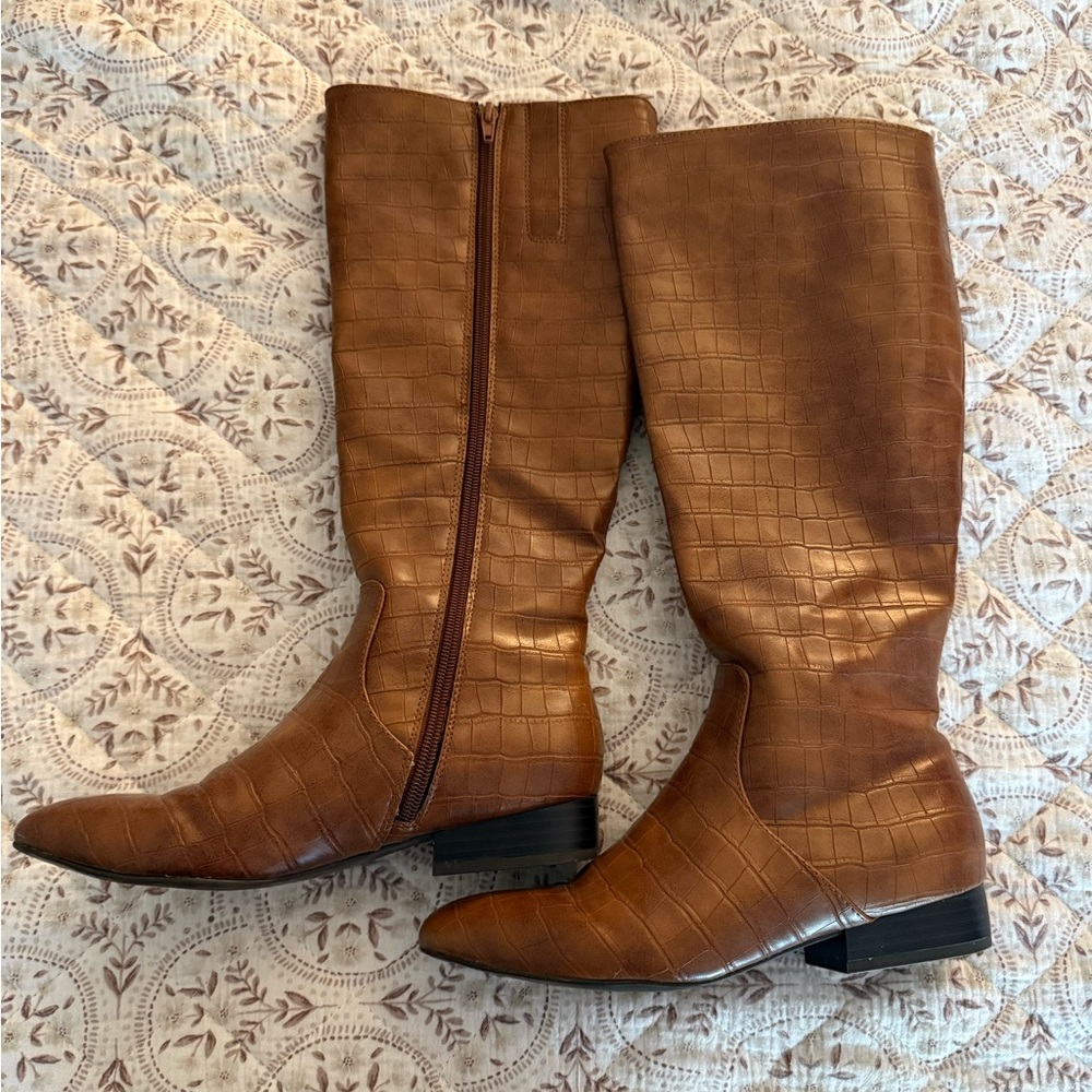 New Directions Brown Croc-Embossed Knee-High Boots